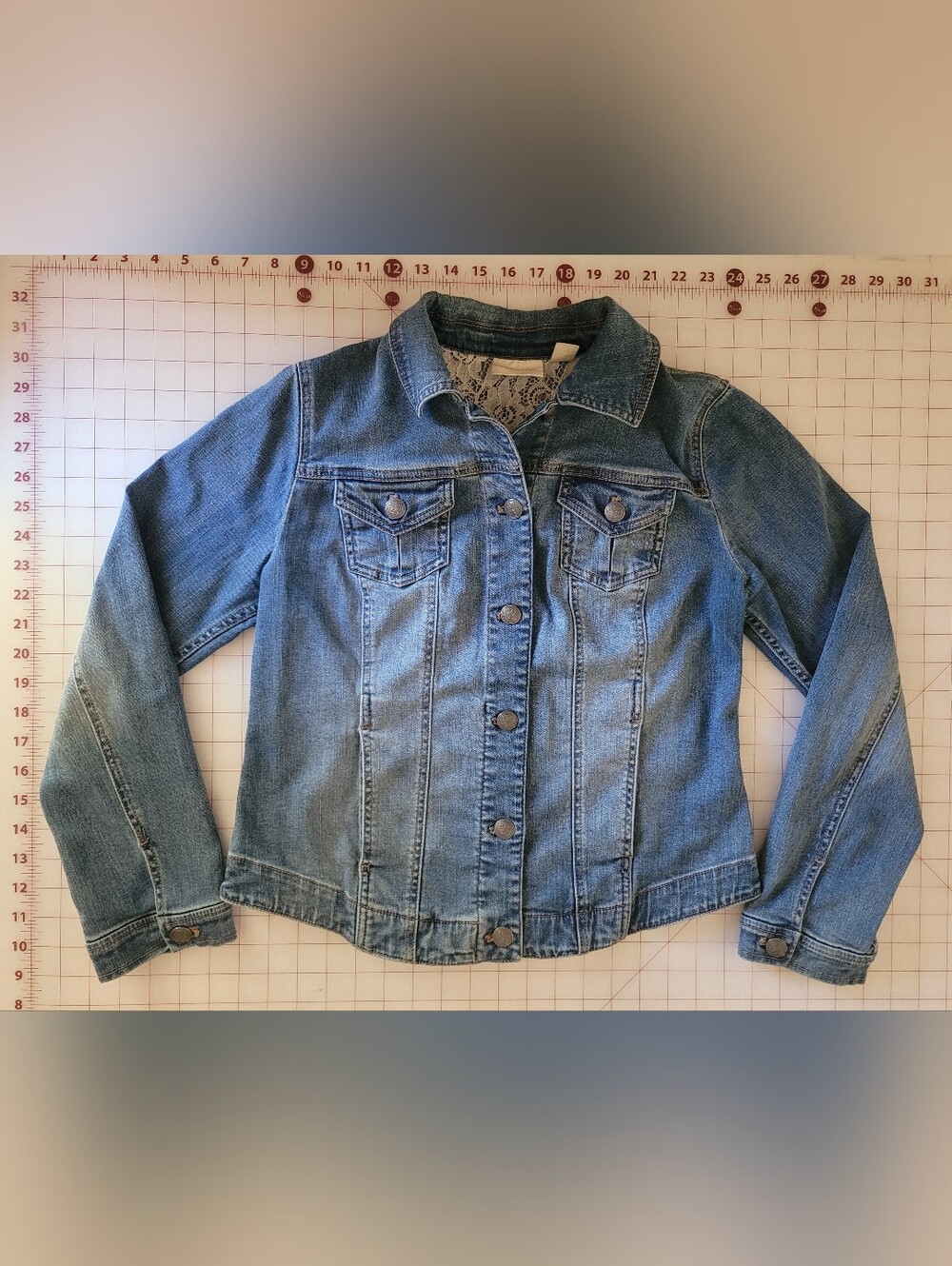 Chico's Medium Blue Denim Jacket with Lace Yoke